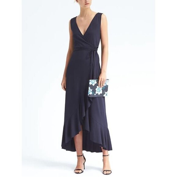 Banana Republic Womens XL Ruffl Wrap Maxi Knit Dress Sleeveless Stretch - Picture 1 of 10
